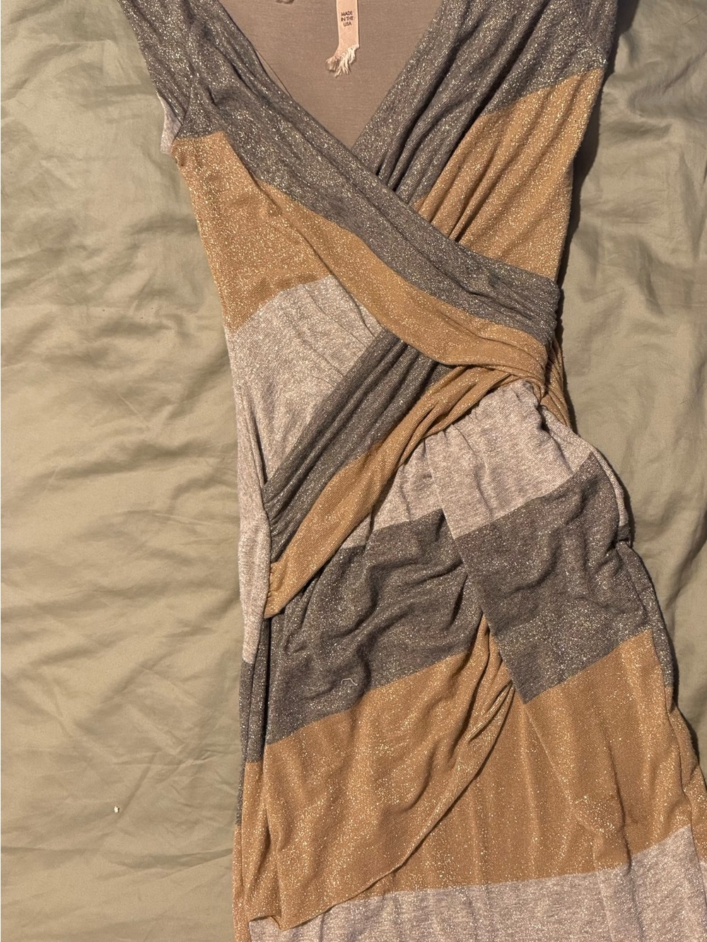 Dressed in LALA Metallic Stripe Wrap Midi Dress in Gold and Gray
